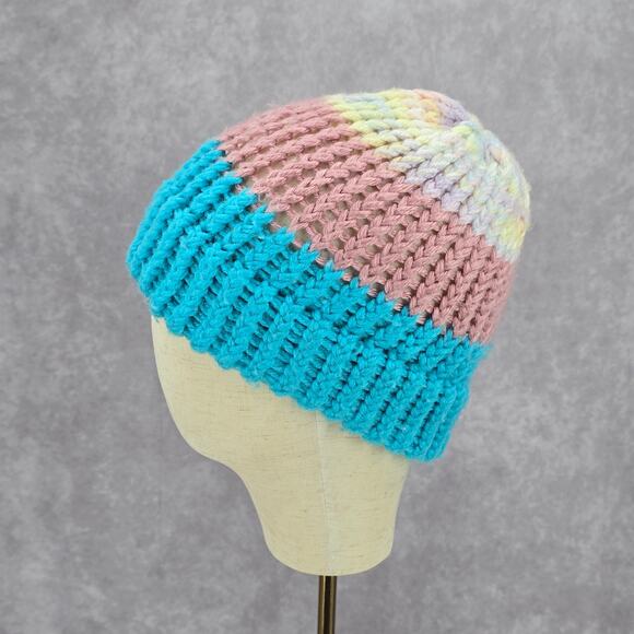 Blue Pink Crochet Knit Bucket Cap Hat Fun Vintage Y2K Funky Beanie - Picture 3 of 4